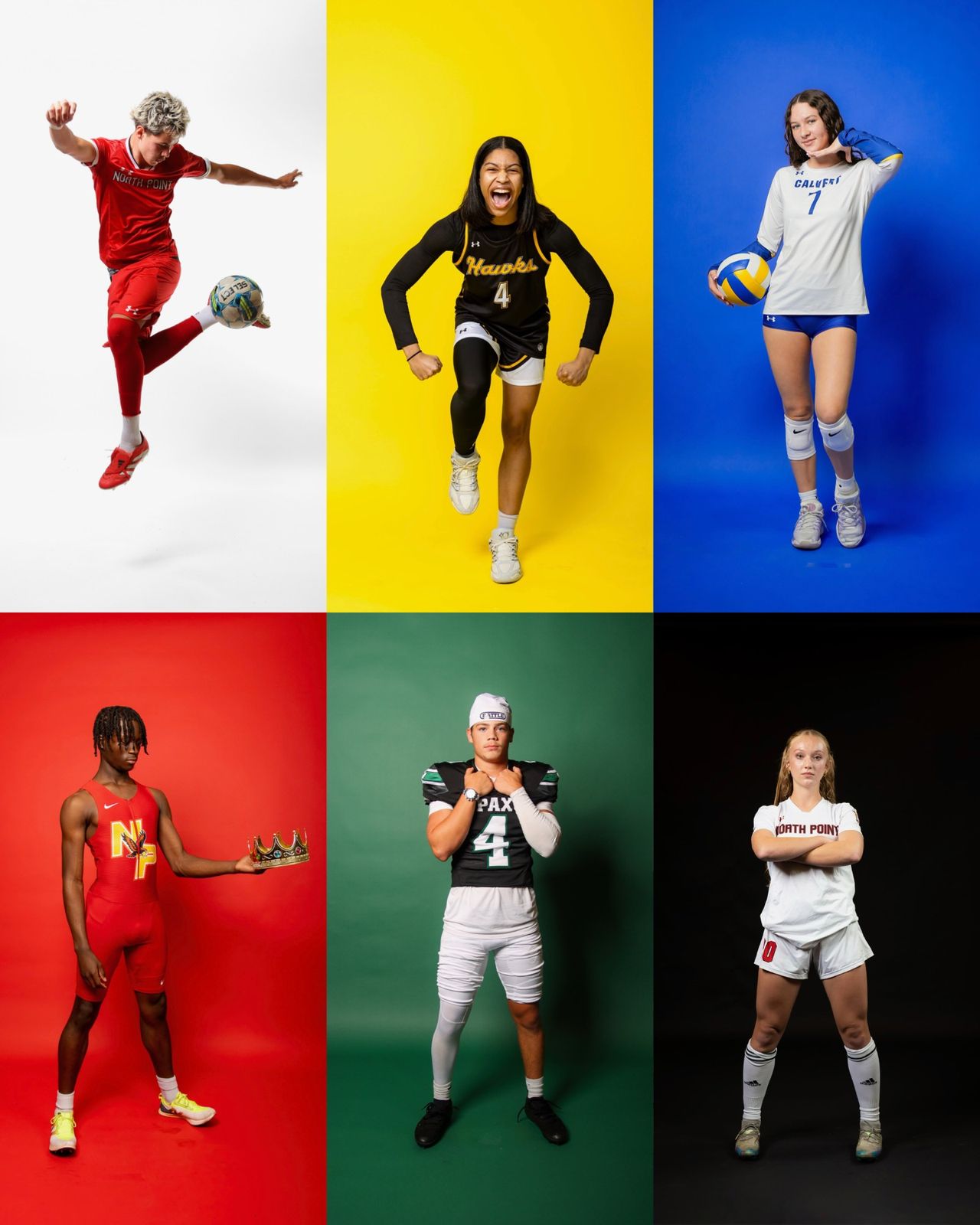 Six athletes from soccer, basketball, volleyball, track, football and soccer, each on a bold colored backdrop